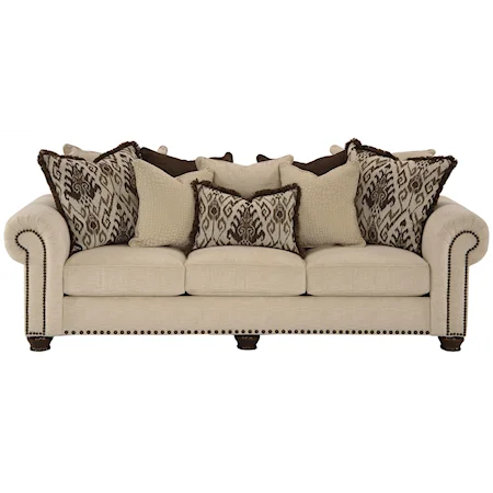 Transitional Stationary Sofa with Nailhead Trim and Accent Pillows